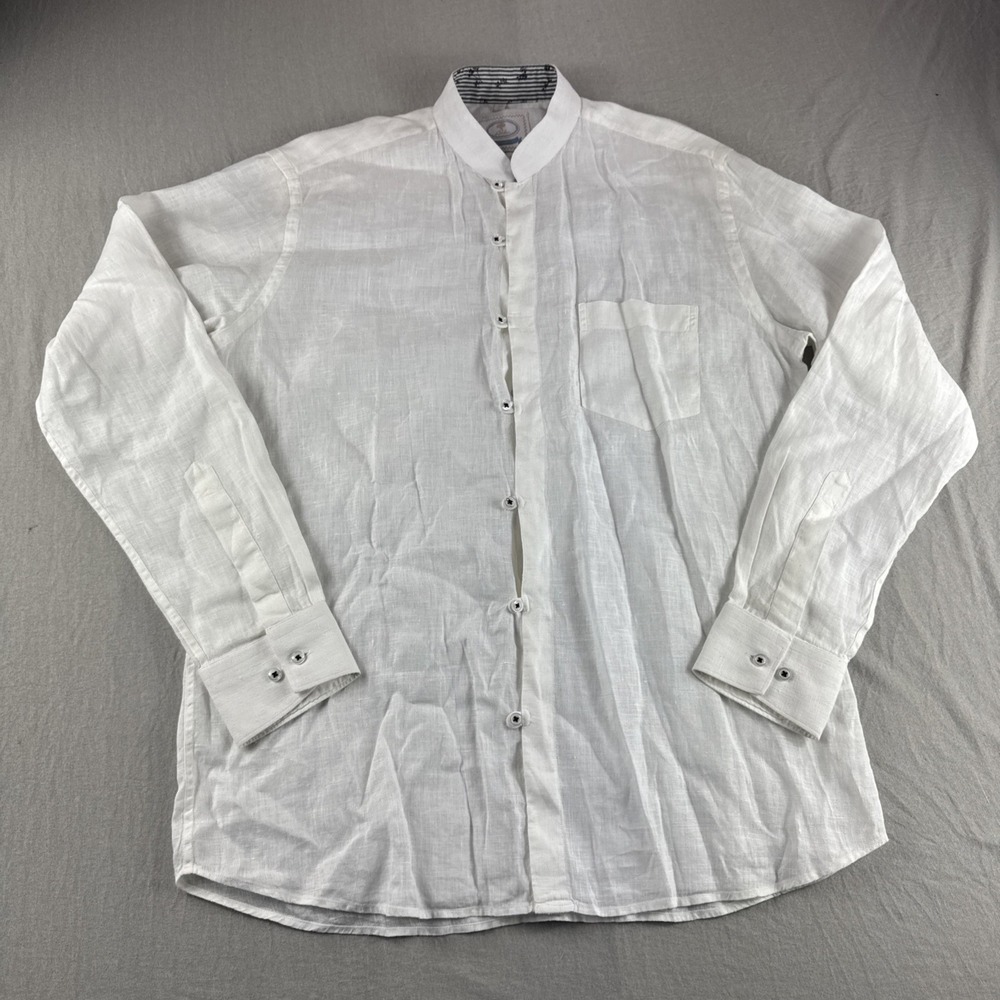 Akbar Linen Shirt Mens White 40 Mandarin Collar Loop Button Long Sleeve Preppy